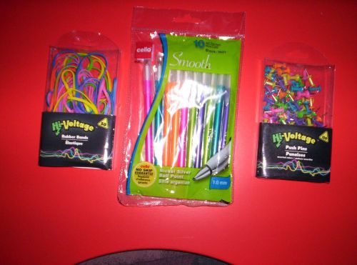 NEON COLORS~~120 PUSH PINS~~50 RUBBER BANDS~10 BALL POINT PENS~TOTAL OF 3 ITEMS