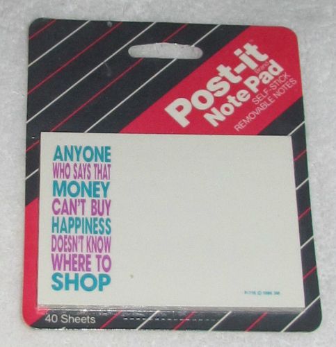 NEW! VINTAGE 1987 3M POST-IT NOTES &#034;DOESN&#039;T KNOW WHERE TO SHOP&#034; U.S.A. 40 SHEETS