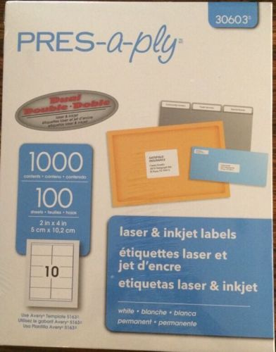 NEW PKG AVERY PRES-A-PLY LASER &amp; INKJET PERMANENT LABELS 30603 1000 COUNT 2&#034;x4&#034;