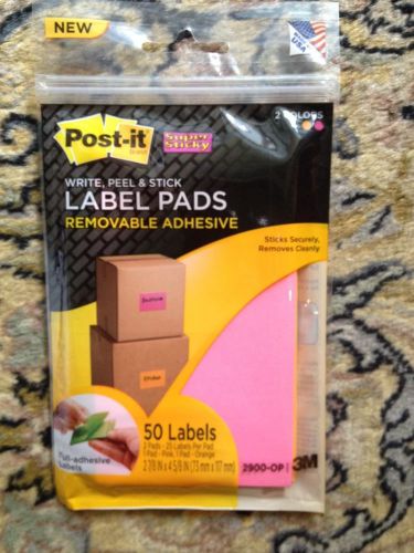 Post-it Removable Adhesive PADS 50 LABELS  * Orange / Pink 2 7/8 x 4 5/8