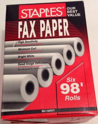 Staples Thermal Fax Paper Premium Quality 1/2&#034; Core - (10)8 1/2&#034; x 98&#039; rolls-NEW