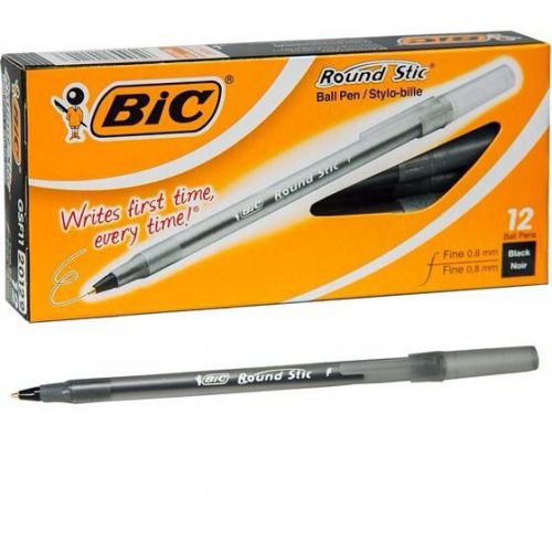 Bic Round Stic Ball Pen Fine Point 0.8 mm Black Ink, Box Of 12 (GSF11 20129)