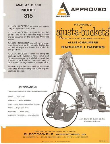 Hydraulic ajusta bucket literature allis chalmers 816, electroweld manufacturing for sale