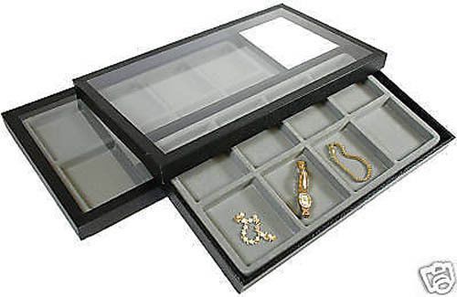 2-8 COMPARTMENT ACRYLIC LID JEWELRY DISPLAY CASE GRAY