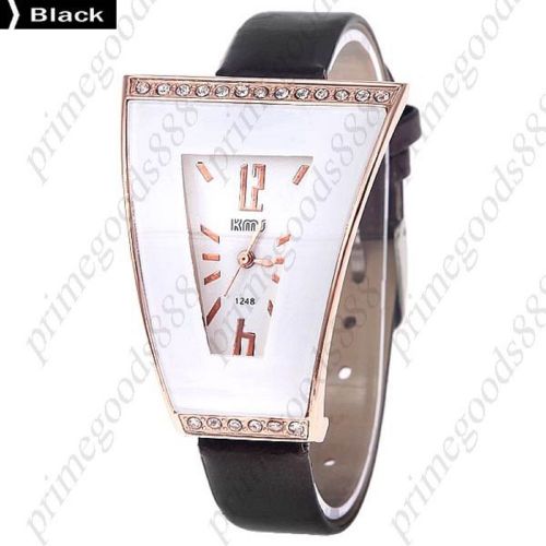 Wide Triangle Rhinestones PU Leather Lady Ladies Quartz Wristwatch Women&#039;s Black