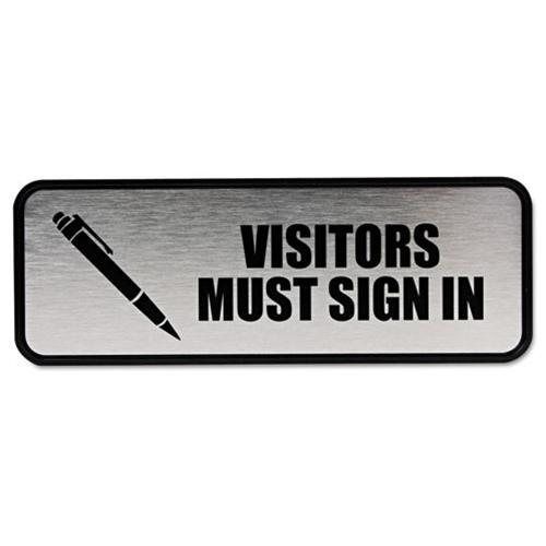 Consolidated Stamp 098212 Brushed Metal Office Sign, Visitors Must Sign In, 9 x