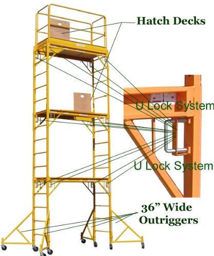 Guard railed stand at 17&#039; h scaffold rolling tower with 2 hatch deck &amp; outrigger for sale