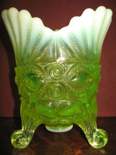 vaseline opalecent Glass eyewinker Pattern spooner vase uranium silverware dish