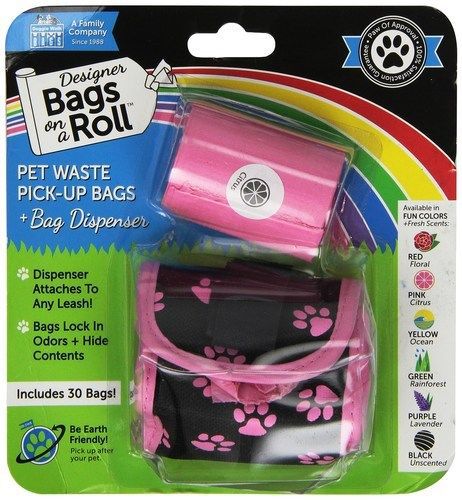 Doggie Walk Bags 2-Roll Designer Bags, Pink Paw/Pink/Citrus