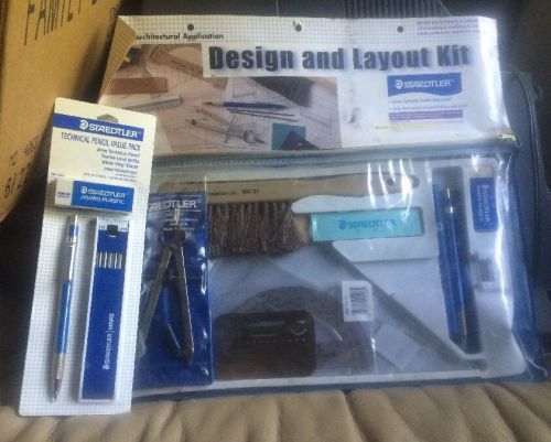 Staedtler Drafting &amp; Design Kit Erasers Shield Compass Triangles Pencil Set Lot