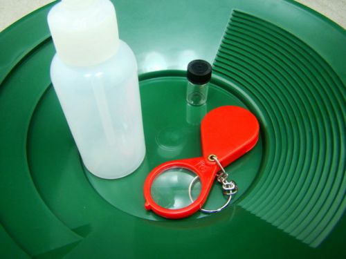 10&#034; Green Gold Pan-Snuffer Bottle-Glass Vial-Magnifying Glass-Panning Kit Mining