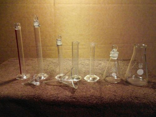 Pyrex,Kimax Glass beakers,funnels,flask ( nine items)