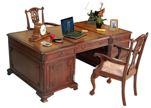 Large solid mahogany double sided partner&#039;s desk with leather top for sale