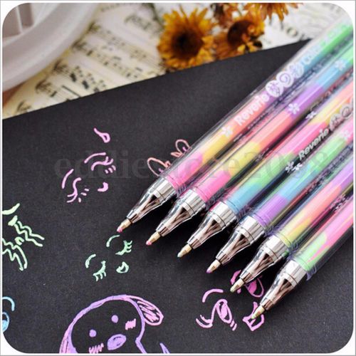 6 Color in 1 Highlighter Pen Marker Stationary Ballpoint Ballpen Kids 0.5mm