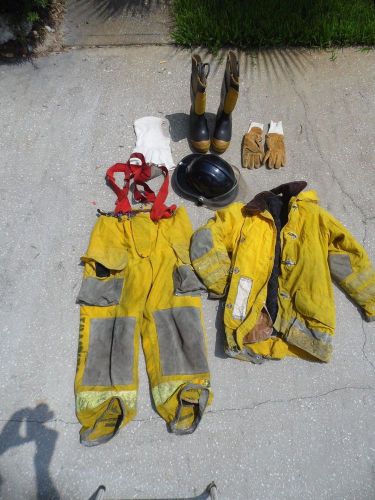 Vintage full fireman/firefighter suit, pants, jacket, gloves, boots &amp; helmet for sale
