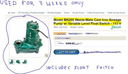 Cast iron sewage pump with level indicator. Zoeller, New, 115 volt, 2.5 hp