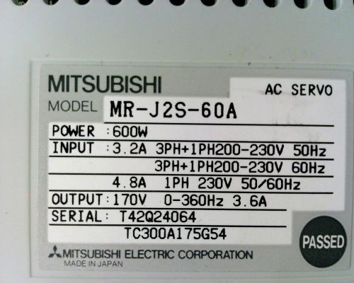 MITSUBISHI SERVO AMPLIFIER 3.2A 3PH 200-230VAC 50/60HZ MR-J2S-60A