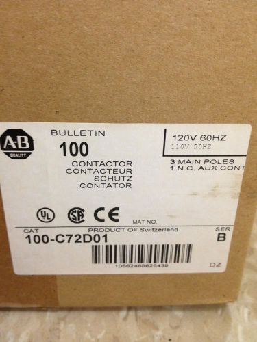 New In Box Allen Bradley Bulletin 100-C72D01 Ser B Contactor 120V 60Hz 100C72D01