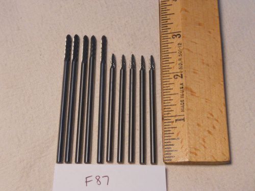 10 NEW 1/8&#034; SHANK CARBIDE BURRS. VERY COMMON SHAPES. LONGS. USA MADE  {F87}