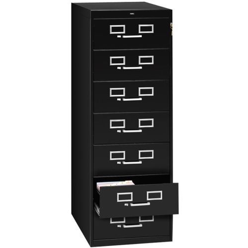 Seven-Drawer Multimedia Cabinet For 5 x 8 Cards, 19-1/8w x 52h, Black