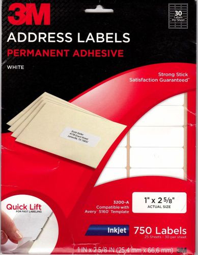 3M SHIPPING LABELS PERMANENT ADHESIVE WHITE 1&#034; x 2 5\8&#034; 750 LABELS AVERY 5160