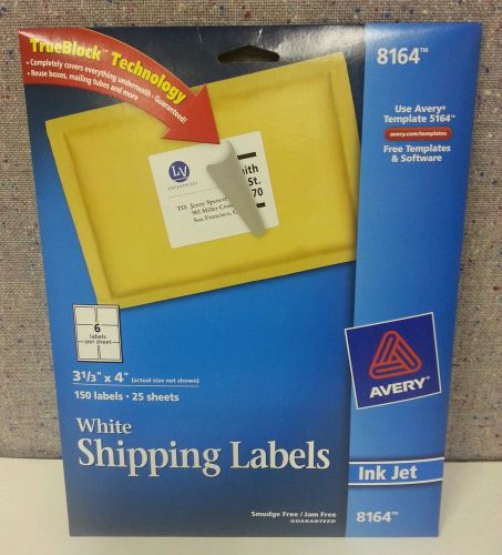 Avery 8164 White Shipping Labels 3 1/3 x 4 - 150 Labels 25 Sheets Free Shipping!