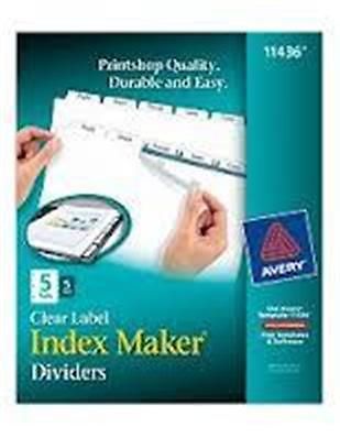 Avery/Dennison Clear Label Index Maker Dividers 5-Tabs/5-Sets #11436 NEW/BNIP