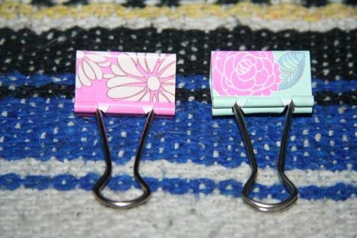 TWO PINK FLOWERED BINDER CLIPS Siz Medium Paper Desk Supplies STOCKING STUFFER