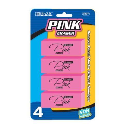 NEW BAZIC Pink Bevel Eraser 4 Per Pack ,Pink