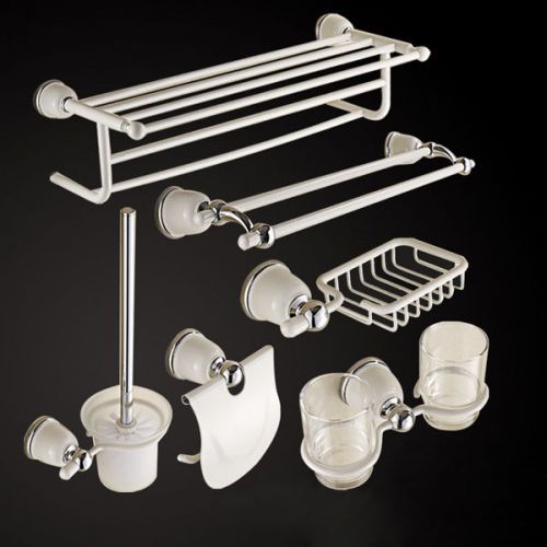 Modern luxury white 6-piece bath accessory kit solid brass chrome free shipping for sale