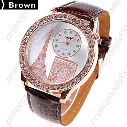 Paris PU Leather Strap Quartz Wrist Wristwatch Free Shipping Women&#039;s in Brown