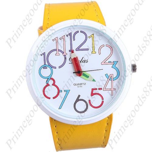 Wide Large Pencil Synthetic Leather Analog Wristwatch Lady Ladies Women&#039;s Yellow