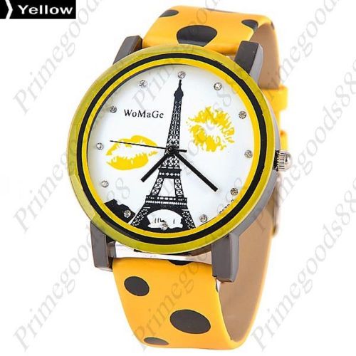 Kiss Eiffel Tower Round Wrist Quartz PU Leather Wristwatch Women&#039;s Paris Yellow