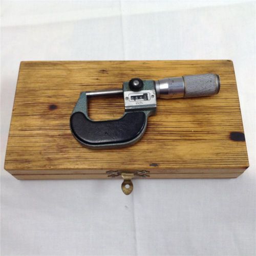 VINTAGE ~ Small Micrometer-Unknown Maker ~ l In Wooden Box ~ Good Condition.