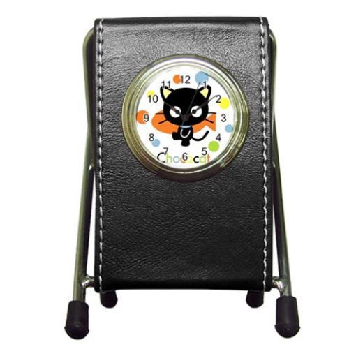 Chococat Cartoon Black Cat Leather Pen Holder Desk Clock (2 in 1) Free Shipping