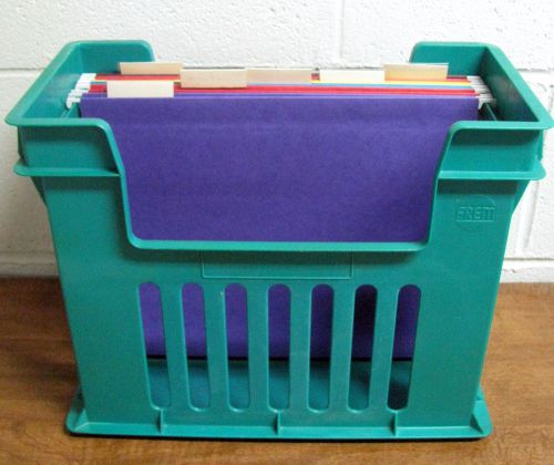 Vintage Frem Brand Heavy Plastic Open Top Hanging File Box - Green w/ 6 Folders