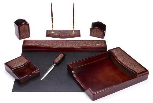 Majestic Goods Seven-Piece Brown Mahogany Wood and PU Desk Set