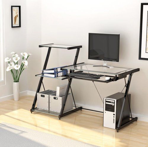 Modern Metal Glass Computer Desk Office Black Study Table Workstation Furniture