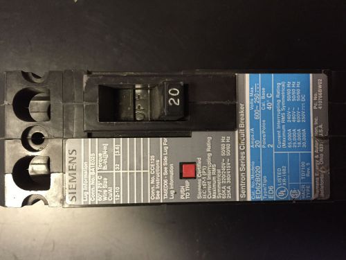 Siemens sentron series ed6 circuit breaker ed62b020 20a/600v/3p for sale