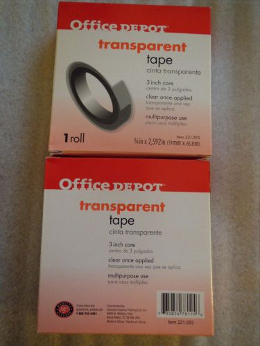 NEW !!! OFFICE DEPOT 2 ROLLS TRANSPARENT TAPE 3/4 IN X 2,592 IN