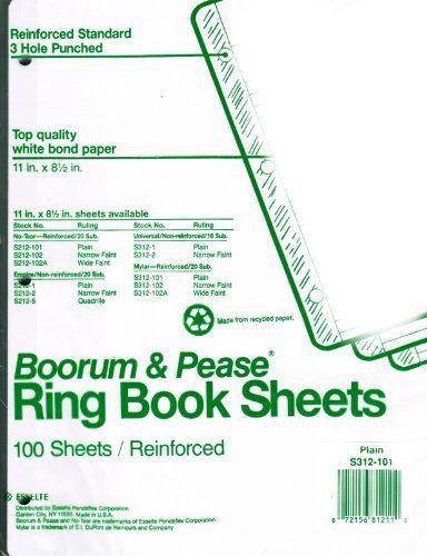 Boorum &amp; Pease Reinforced Ring Book Sheets, 8.5 x 11 in., Unruled, 100 Sheets