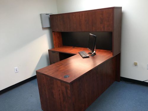 Executive L Shape Left Office Desk with Hutch Double Pedestal Lighting LEFT