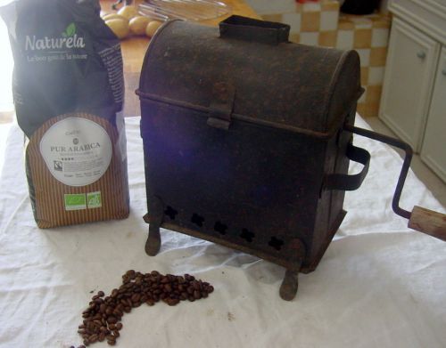 French antique barrel coffee roaster with chimney for sale