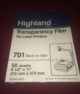 Highland Transparency Film For Laser Printers 701 Black on Clear 50 Sheets USA