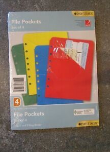 DAY-TIMER #87298 Primary Colors File Pockets Set of 4- 5-1/2 x 8-1/2 NEW SEALED