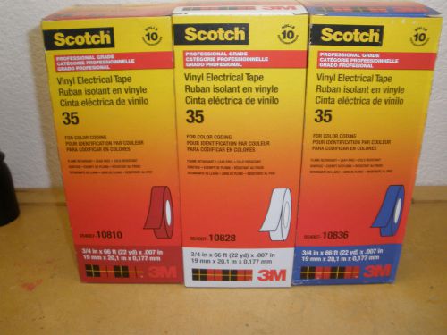 BRAND NEW! 3M SCOTCH 35 RED-WHITE AND BLUE VINYL ELECTRICAL TAPE 10 PACK OF EACH