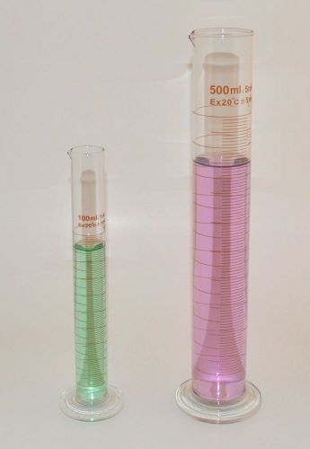 2 GRADUATED CYLINDER BOROSILICATE GLASS 500 mL 100 mL Measuring Lab New