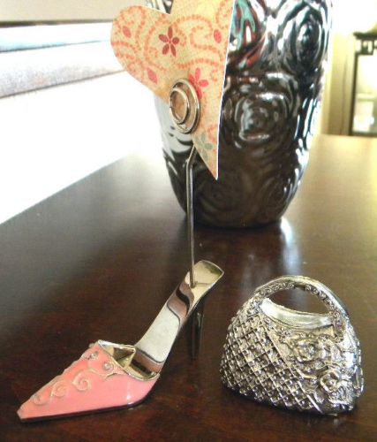 Stilleto Pink High Heel Shoe &amp; Rosettes Silver Handbag Notes Picture Holder Desk
