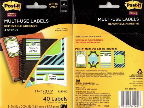 POST IT SUPER STICKY REMOVABLE ADHESIVE MULTI-USE LABELS 4 DESIGNS 6250-RD