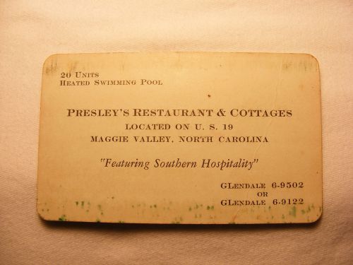 Presley&#039;s Restaurant &amp; Cottages    Business Card    Circa 1940&#039;s  North Carolina